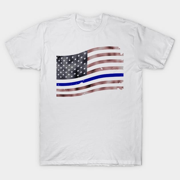 Waving Distressed Red American Flag USA Patriotic - Blue Thin Line Flag - Police Flag T-Shirt by DazzlingApparel